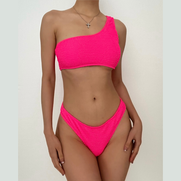 Maillot de bain bikini uni irrégulier texturé à une épaule 