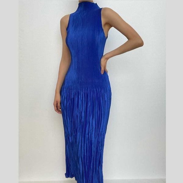 Robe midi texturée unie à volants et fermeture éclair, col haut, sans manches