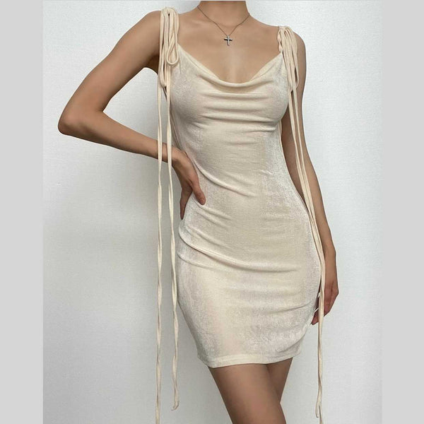 Cowl neck self tie backless ribbon solid mini dress  | red tango dress