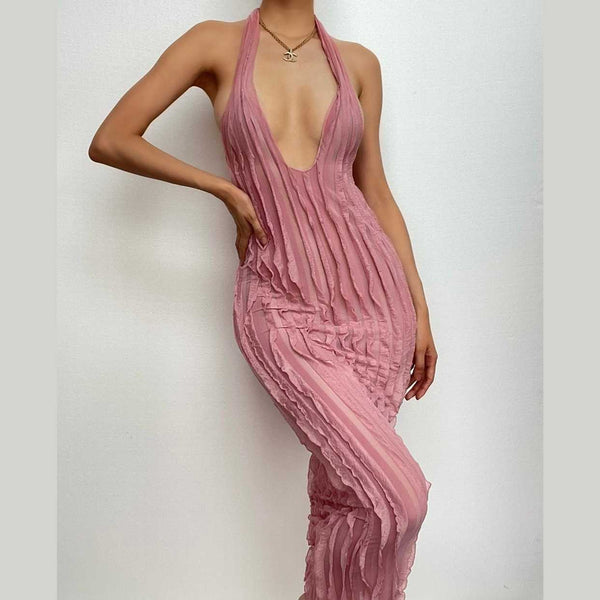 Robe longue dos nu à volants texturés et col en V | Robe de tango rouge