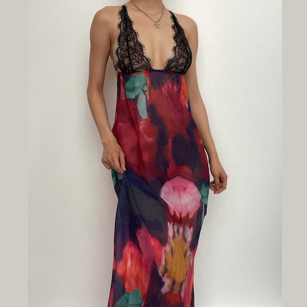Cross back contrast leopard print v neck lace patchwork maxi dress  | red tango dress