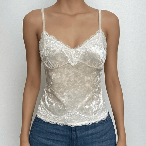 Haut camisole dos nu à col en V et ourlet en dentelle velours 