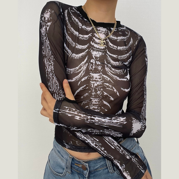Haut à manches longues en maille transparente avec imprimé contrasté et gants transparents 