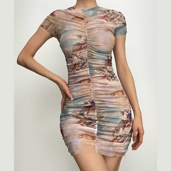 Sheer mesh see through abstract ruched short sleeve contrast mini dress  | samba dress