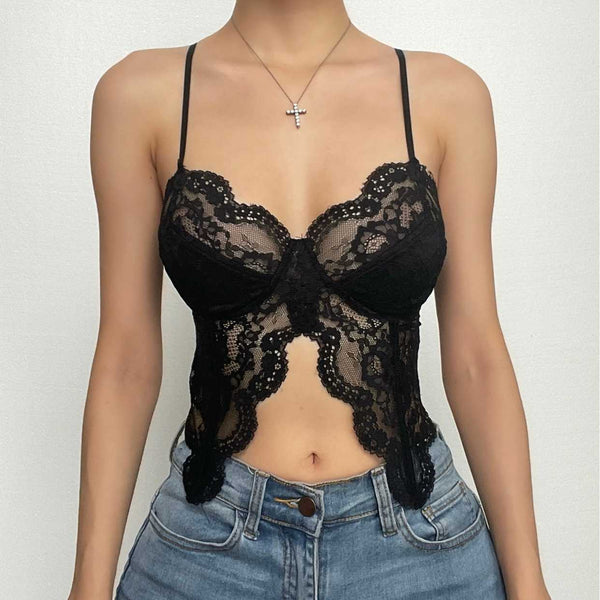 Haut court à bretelles en dentelle fendue, col en V, dos nu, couleur unie 