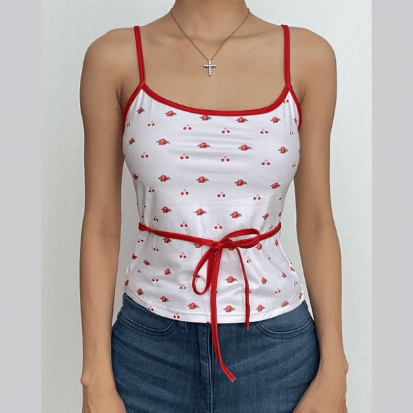 Haut camisole dos nu contrasté à imprimé cerises et col en U à nouer soi-même 