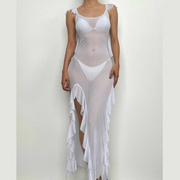 Sheer mesh see through backless ruffle slit cap sleeve maxi dress  | samba dress