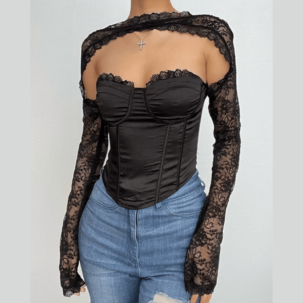 Haut bustier patchwork à manches longues en dentelle avec fermeture éclair et dos nu uni 