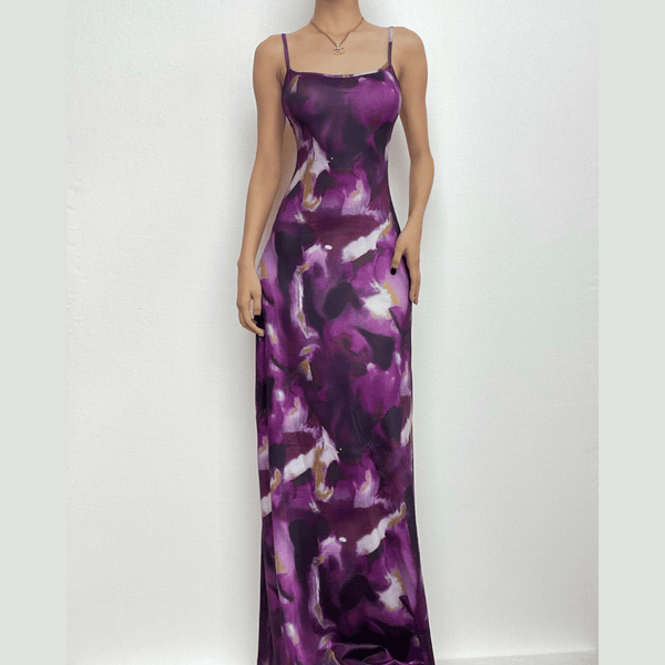 Robe longue camisole dos nu contrastée à col carré tie dye