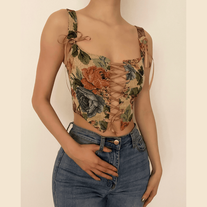 Print bow tie lace up bustier crop top - Halibuy