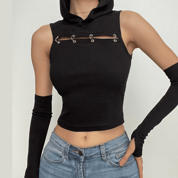 Sweat à capuche uni sans manches avec gants et haut court à anneau en O