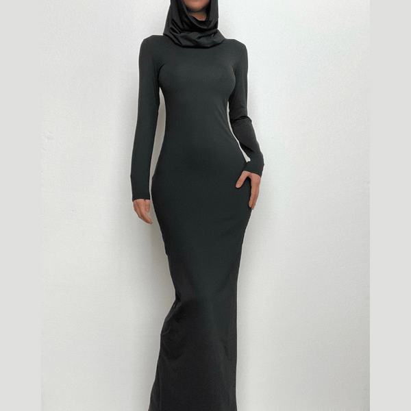 Robe longue fendue à capuche et manches longues, couleur unie, col bénitier