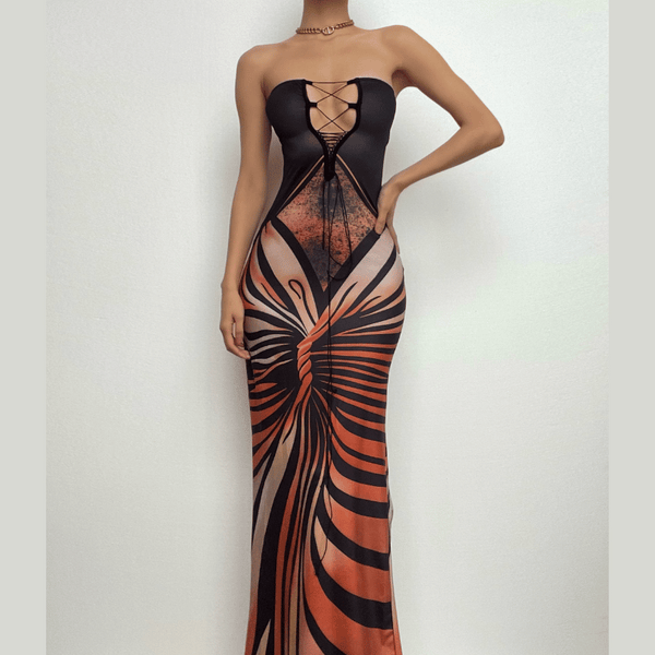 Robe longue tube fendue à imprimé contrasté et à lacets dans le dos 