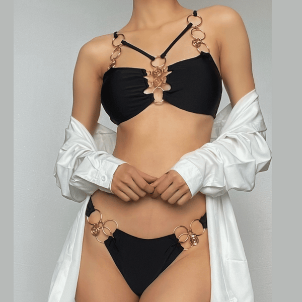 Maillot de bain bikini ajouré avec chaîne en métal et anneau en O