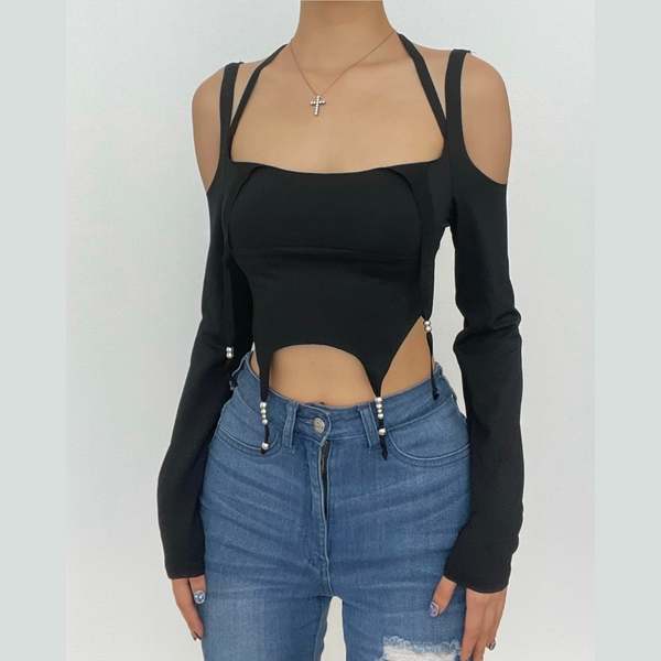 Long sleeve solid cross front beaded self tie backless crop top