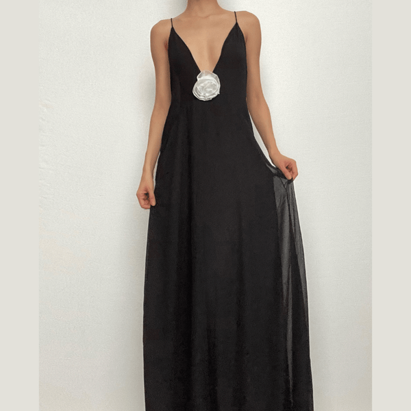 Robe longue à fleurs, col en V, froncée, fermeture éclair, dos croisé | Robe rave noire | Robe rave noire 