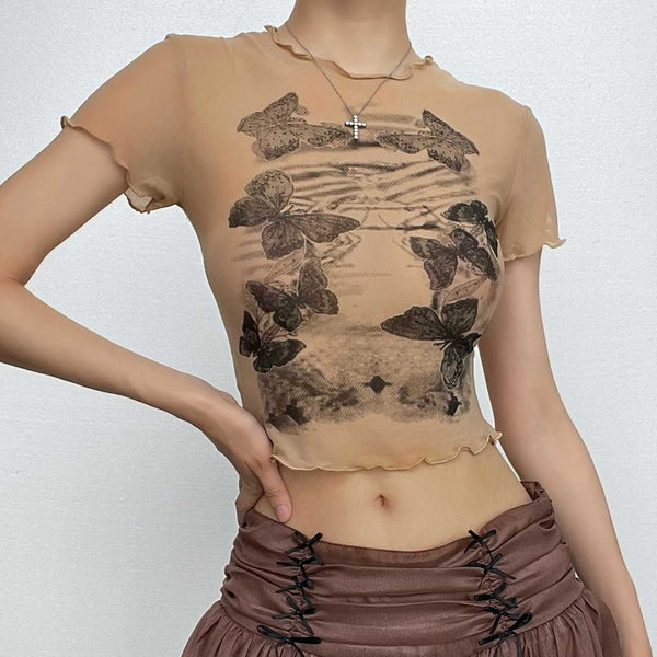 Butterfly pattern sheer mesh see through short sleeve crop top