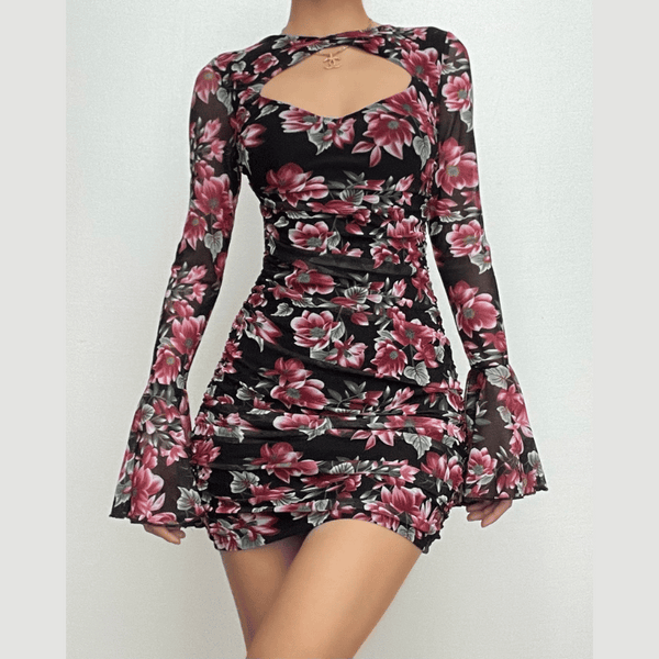 Mini-robe à manches longues évasées et à imprimé floral contrasté 