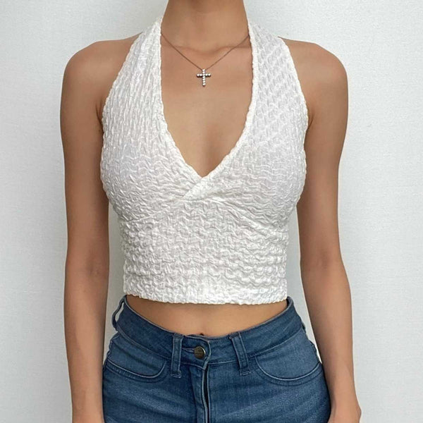 Halter v neck backless textured solid crop top