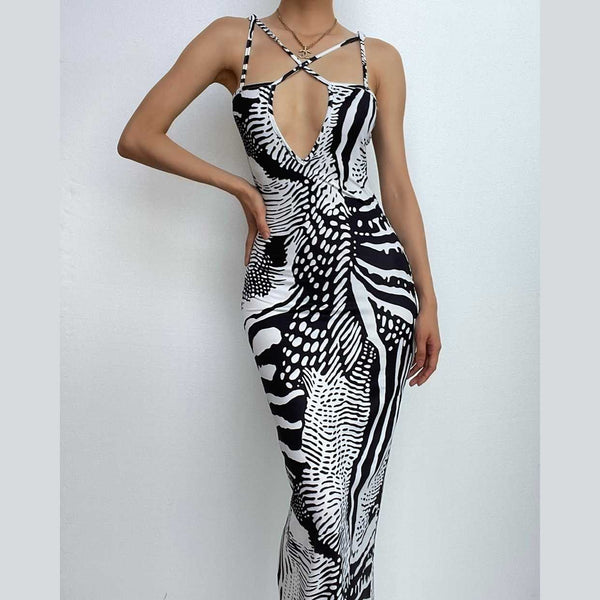 Robe longue à imprimé contrasté et dos nu croisé | Robe rave noire | Robe rave noire 