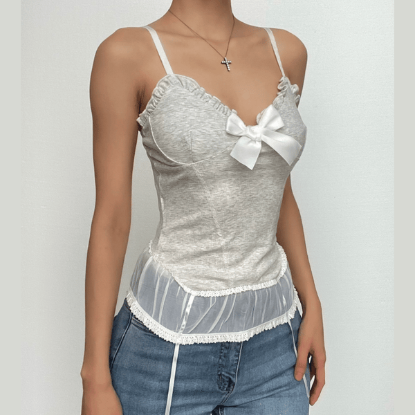 Haut camisole dos nu à volants et nœud papillon avec ourlet en dentelle 