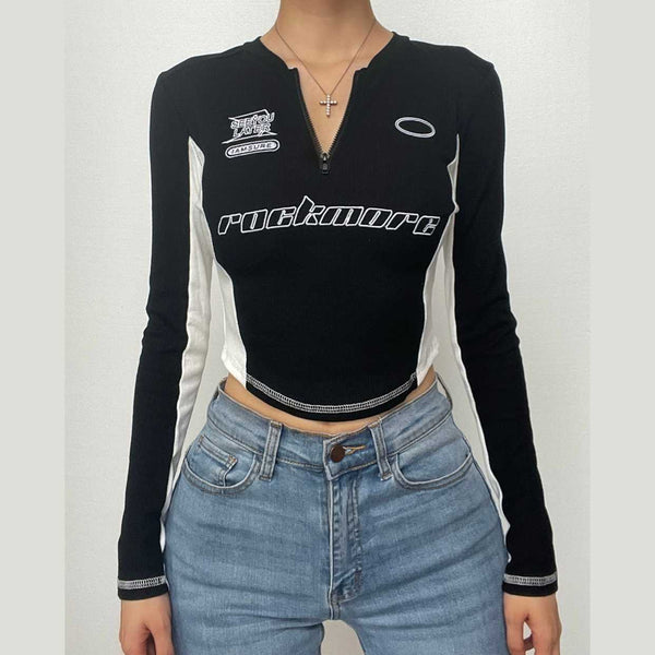 Patchwork zip-up long sleeve embroidery contrast crop top
