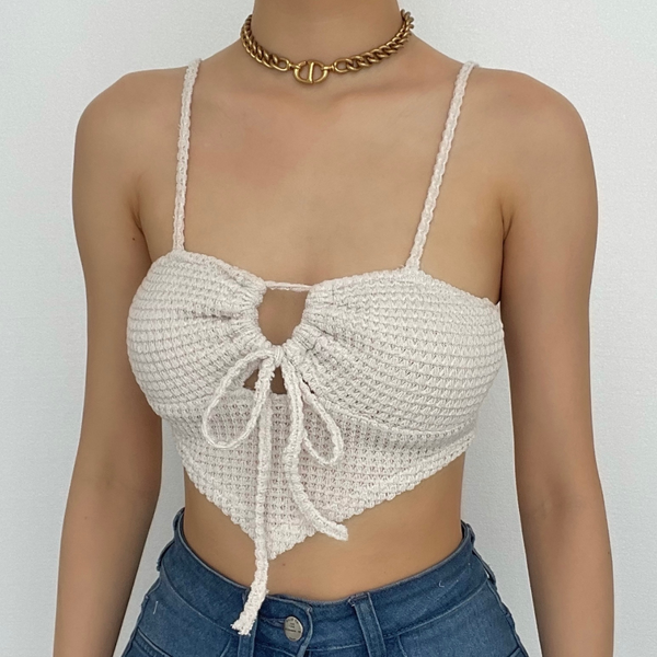 Textured drawstring square neck solid hollow out cami cut out top