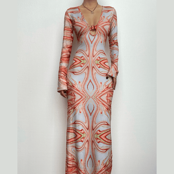 Robe longue à manches longues et col en V avec imprimé contrasté