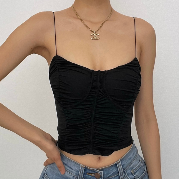 Haut camisole uni sans manches à col en V et dos nu froncé 