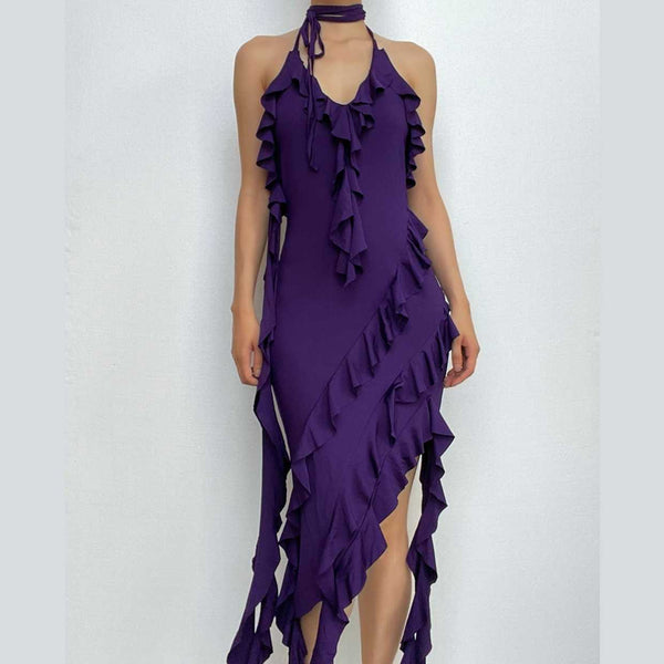 Robe longue à volants irréguliers, dos nu, col en V et à nouer soi-même