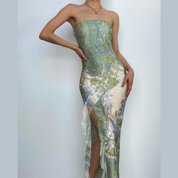 Robe longue à imprimé fleuri, fendue, dos nu, contraste irrégulier