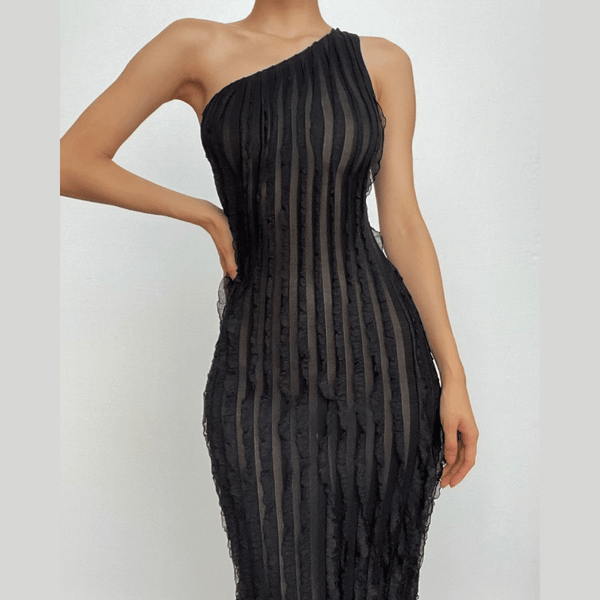 Robe longue asymétrique à volants texturés et à imprimé irrégulier