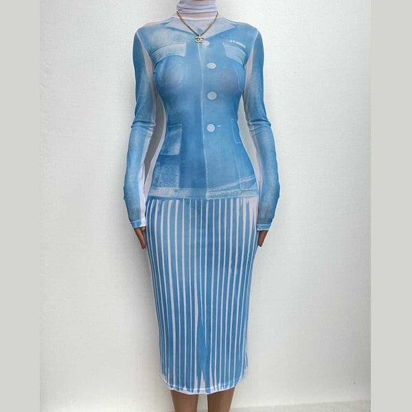 Sheer mesh see through turtle neck long sleeve contrast print midi dress  | samba dress