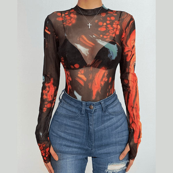 Body transparent à manches longues en maille transparente avec gants contrastés tie-dye 