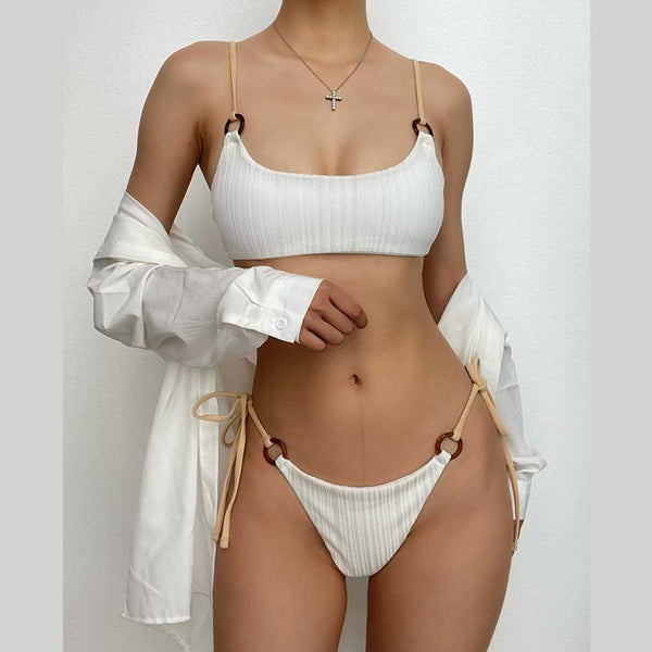Maillot de bain bikini rembourré contrasté à nouer dans le cou et à anneau en O 
