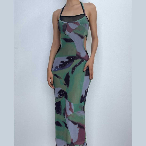 Robe longue dos nu en maille transparente à imprimé contrastant et à nouer à la taille | robe samba 