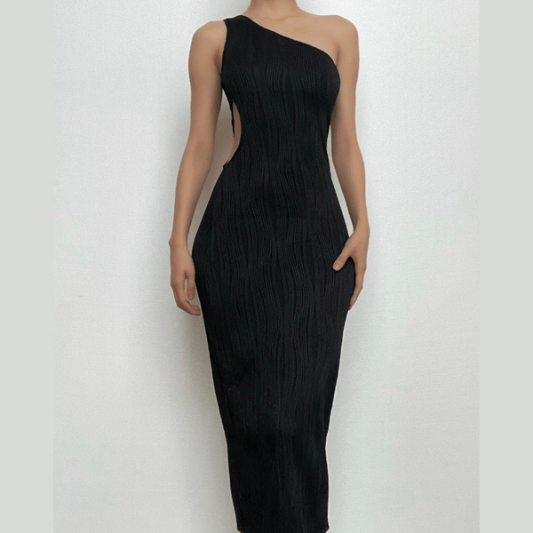 Textured one shoulder irregular hollow out solid midi dress  | red tango dress