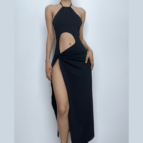 Robe midi froncée à dos nu et fente unie 