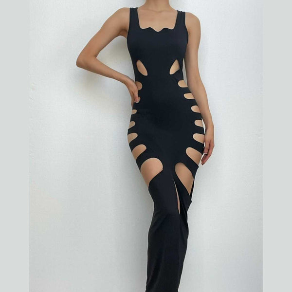 Robe longue fendue unie sans manches à coupe basse