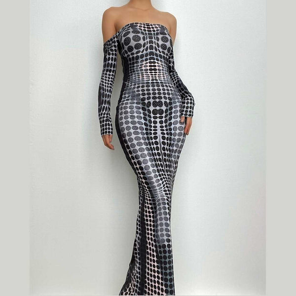 Robe longue à pois, contraste thermique, épaules dénudées, manches longues, dos nu