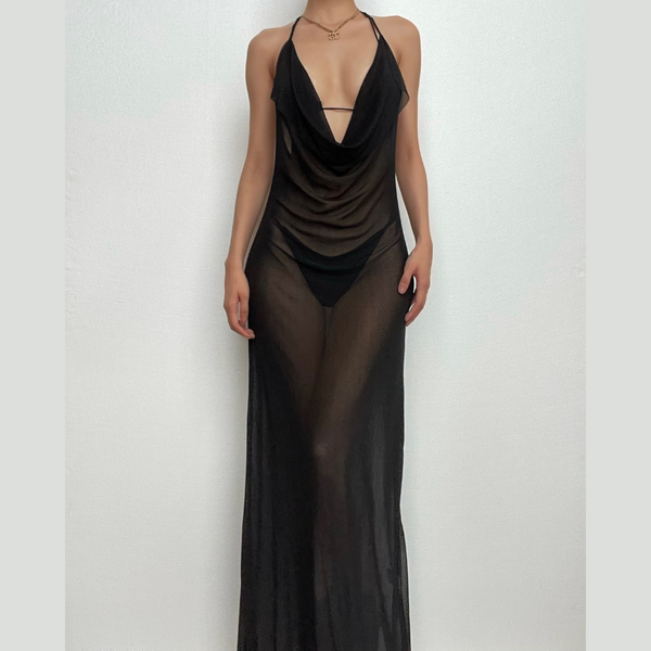 Ruched sheer mesh solid halter self tie backless 3 piece maxi dress  | samba dress