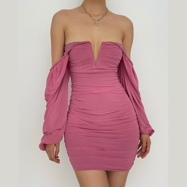 Mesh solid long sleeve ruched notch neck zip-up mini dress  | red tango dress