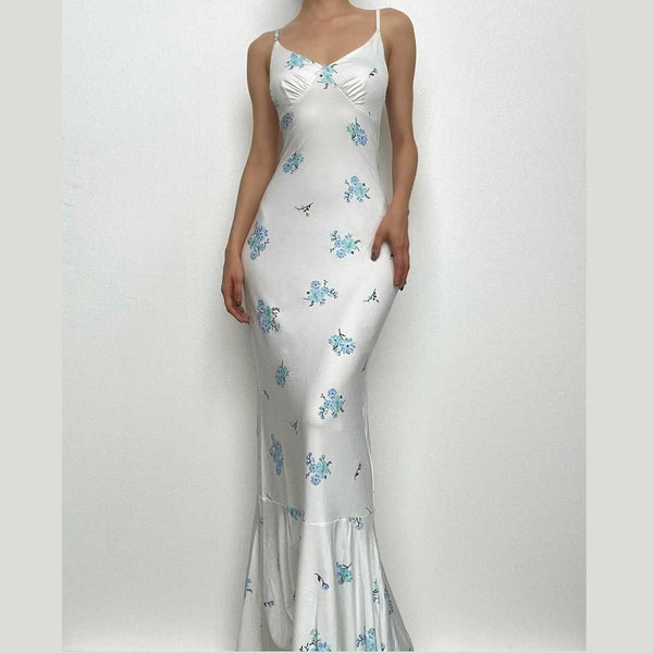 Robe longue froncée à imprimé floral et col en V contrasté