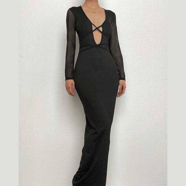 Mesh patchwork solid low cut long sleeve cross front maxi dress  | black rave dress  | black rave dress
