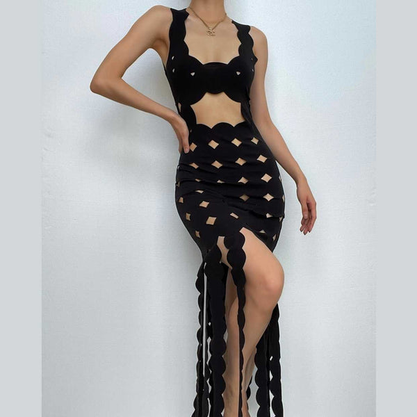 Robe longue unie à dos nu et sans manches | Robe de tango rouge