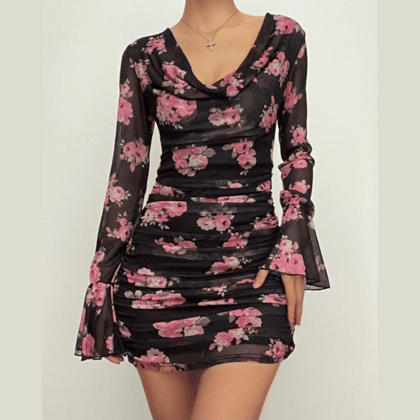 Long flared sleeve cowl neck ruffle flower print sheer mesh mini dress  | samba dress