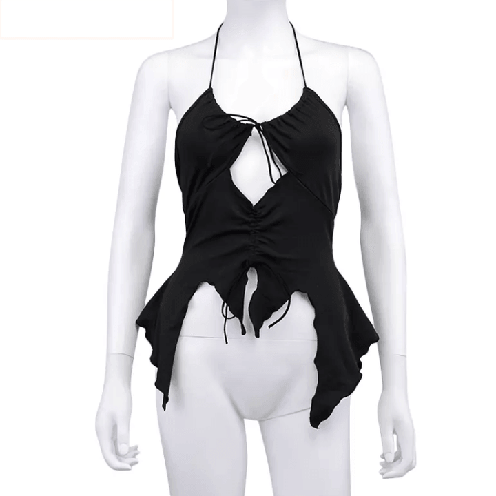 Hollow out ruched halter ruffled tie front top - Halibuy