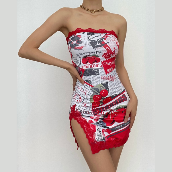 Slit abstract sleeveless contrast backless tube dress  | red tango dress