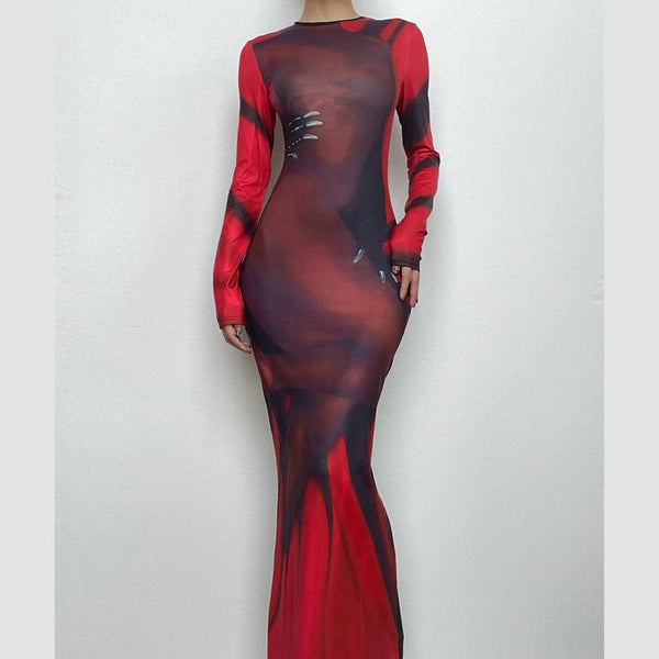Robe longue à manches longues et col ras du cou, à contraste abstrait | Robe de tango rouge