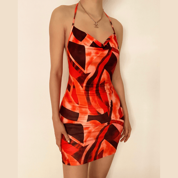 Cowl neck print backless halter mini dress - Halibuy